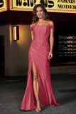 Pleated Side Slit Bodycon Satin Formal Evening Gown Prom Party Dresses