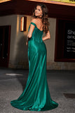 Off Shoulder Pleated Satin Formal Evening Gown with Slit Prom Party Dresses