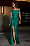 Off Shoulder Pleated Satin Formal Evening Gown with Slit Prom Party Dresses