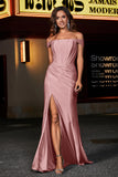 Pleated Side Slit Bodycon Satin Formal Evening Gown Prom Party Dresses