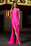 Pleated Side Slit Bodycon Satin Formal Evening Gown Prom Party Dresses