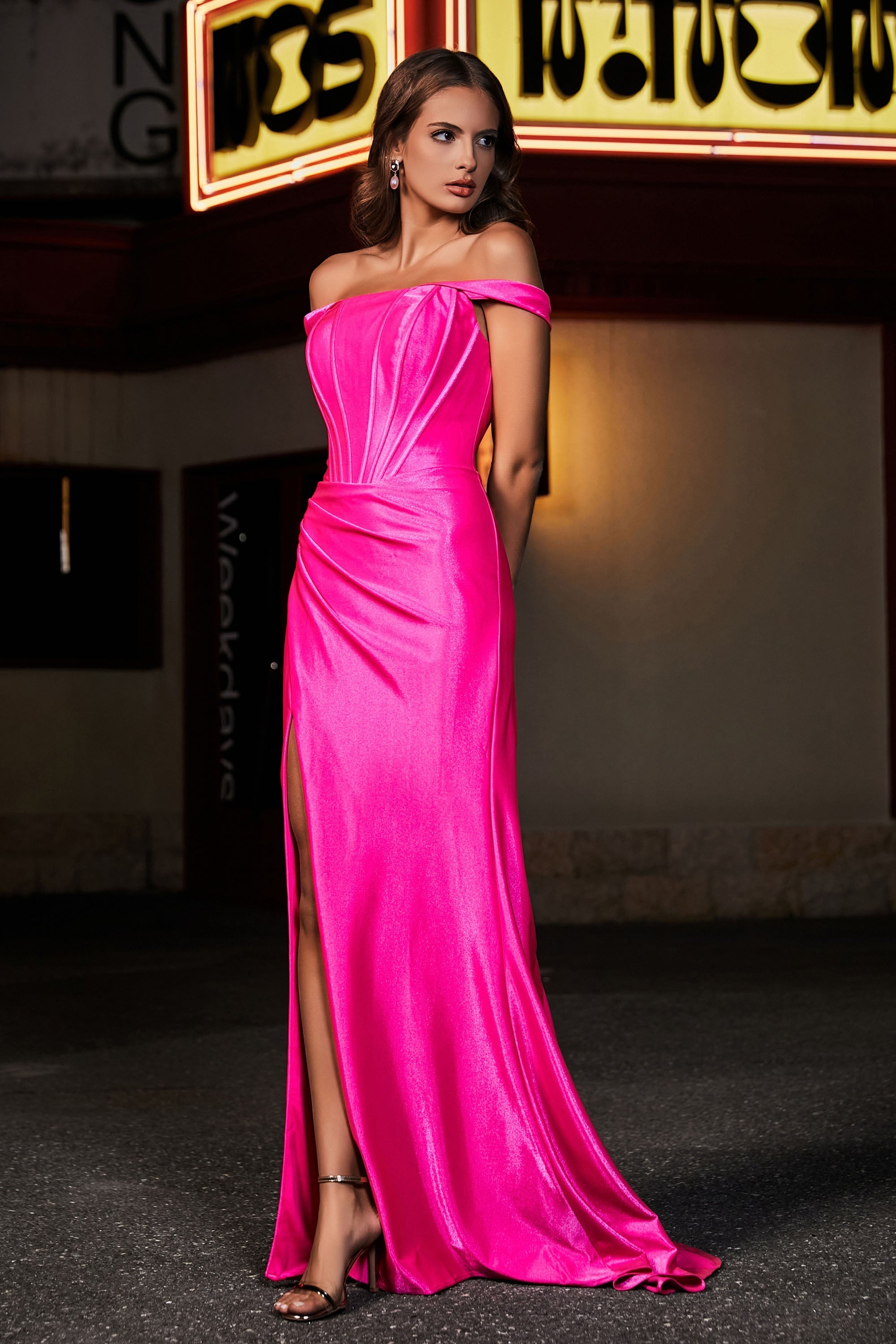 Pleated Side Slit Bodycon Satin Formal Evening Gown Prom Party Dresses