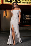 Off Shoulder Pleated Satin Formal Evening Gown with Slit Prom Party Dresses