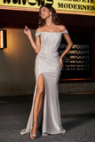 Pleated Side Slit Bodycon Satin Formal Evening Gown Prom Party Dresses