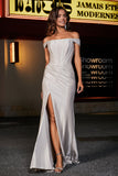 Pleated Side Slit Bodycon Satin Formal Evening Gown Prom Party Dresses