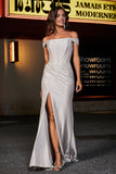 Off Shoulder Pleated Satin Formal Evening Gown with Slit Prom Party Dresses