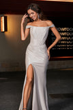 Pleated Side Slit Bodycon Satin Formal Evening Gown Prom Party Dresses