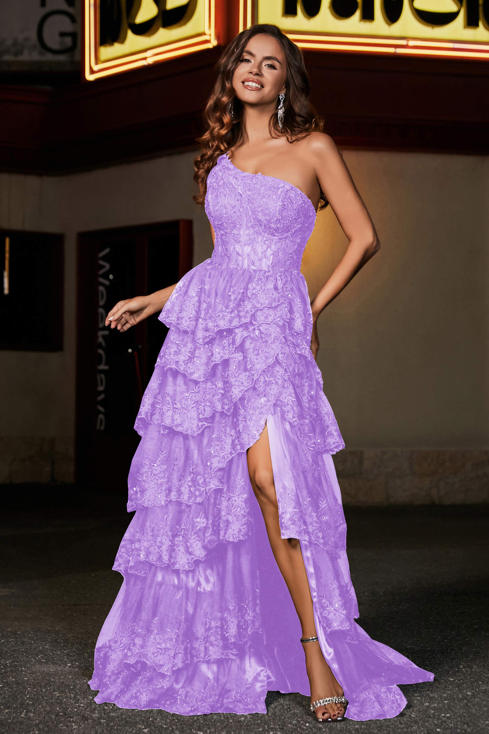 One-Shoulder Rüschen Tiered Tüll Formelle Abendkleid Party Prom Ballkleider