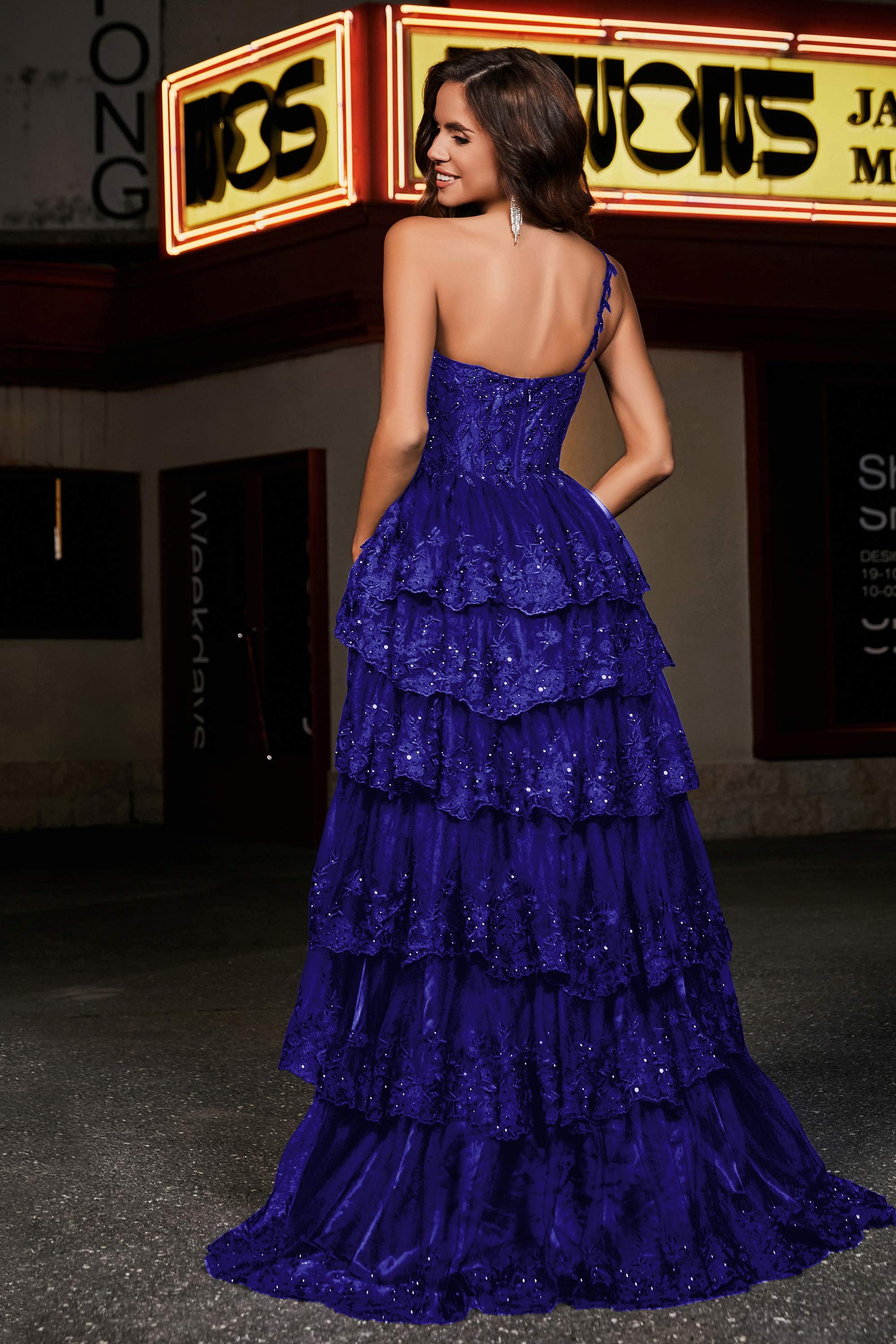 One-Shoulder Rüschen Tiered Tüll Formelle Abendkleid Party Prom Ballkleider