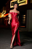 Applique Lace Up Mermaid Stretch Satin Formal Evening Gown Prom Party Dresses