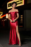 Applique Lace Up Mermaid Stretch Satin Formal Evening Gown Prom Party Dresses