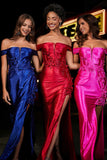 Applique Lace Up Mermaid Stretch Satin Formal Evening Gown Prom Party Dresses