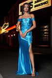 Applique Lace Up Mermaid Stretch Satin Formal Evening Gown Prom Party Dresses