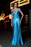 Applique Lace Up Mermaid Stretch Satin Formal Evening Gown Prom Party Dresses