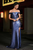 Vestido de noche formal de satén elástico con abertura lateral y apliques de flores, estilo sirena, para fiesta de graduación