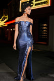 Applique Lace Up Mermaid Stretch Satin Formal Evening Gown Prom Party Dresses