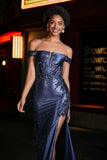 Applique Lace Up Mermaid Stretch Satin Formal Evening Gown Prom Party Dresses