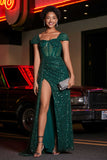 High Slit with Sweep Train Sequin Formal Evening Gown Prom Party Dresses with Slit