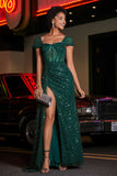 High Slit with Sweep Train Sequin Formal Evening Gown Prom Party Dresses with Slit