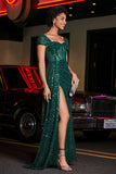 High Slit with Sweep Train Sequin Formal Evening Gown Prom Party Dresses with Slit
