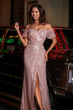 High Slit with Sweep Train Sequin Formal Evening Gown Prom Party Dresses with Slit