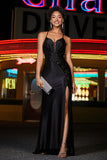 V-Neck Sequins Mermaid Satin Formal Evening Gown Prom Party Dresses