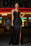 V-Neck Sequins Mermaid Satin Formal Evening Gown Prom Party Dresses