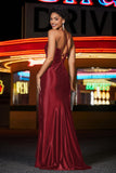 Long Stretch Pleated Illusion Top Satin Formal Evening Gown Prom Party Dresses