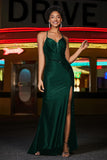 Long Stretch Pleated Illusion Top Satin Formal Evening Gown Prom Party Dresses