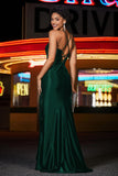 Long Stretch Pleated Illusion Top Satin Formal Evening Gown Prom Party Dresses