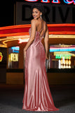 Long Stretch Pleated Illusion Top Satin Formal Evening Gown Prom Party Dresses