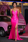 Long Stretch Pleated Illusion Top Satin Formal Evening Gown Prom Party Dresses