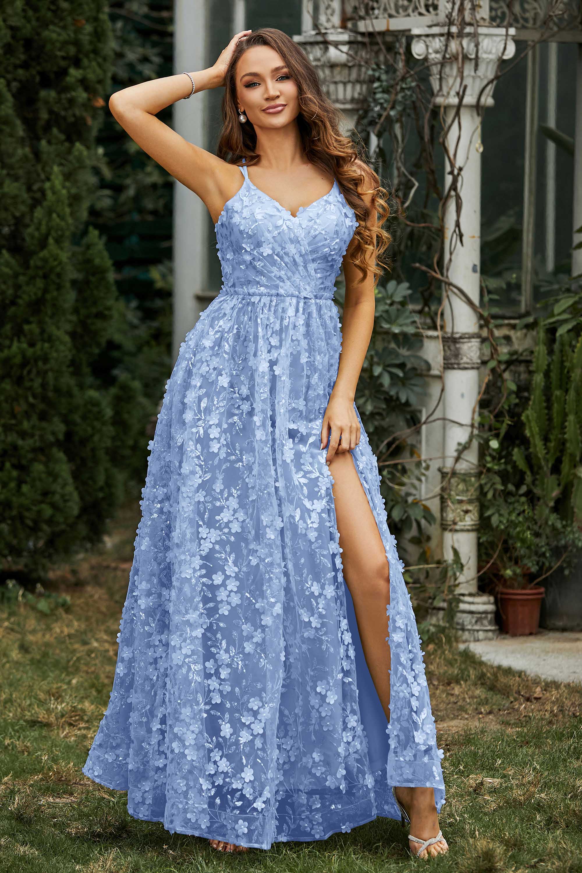 Lace Up Flowers A-Line Maxi Formal Evening Dress With Slit Prom Party Dresses