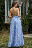 Lace Up Flowers A-Line Maxi Formal Evening Dress With Slit Prom Party Dresses