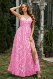 Lace Up Flowers A-Line Maxi Formal Evening Dress With Slit Prom Party Dresses
