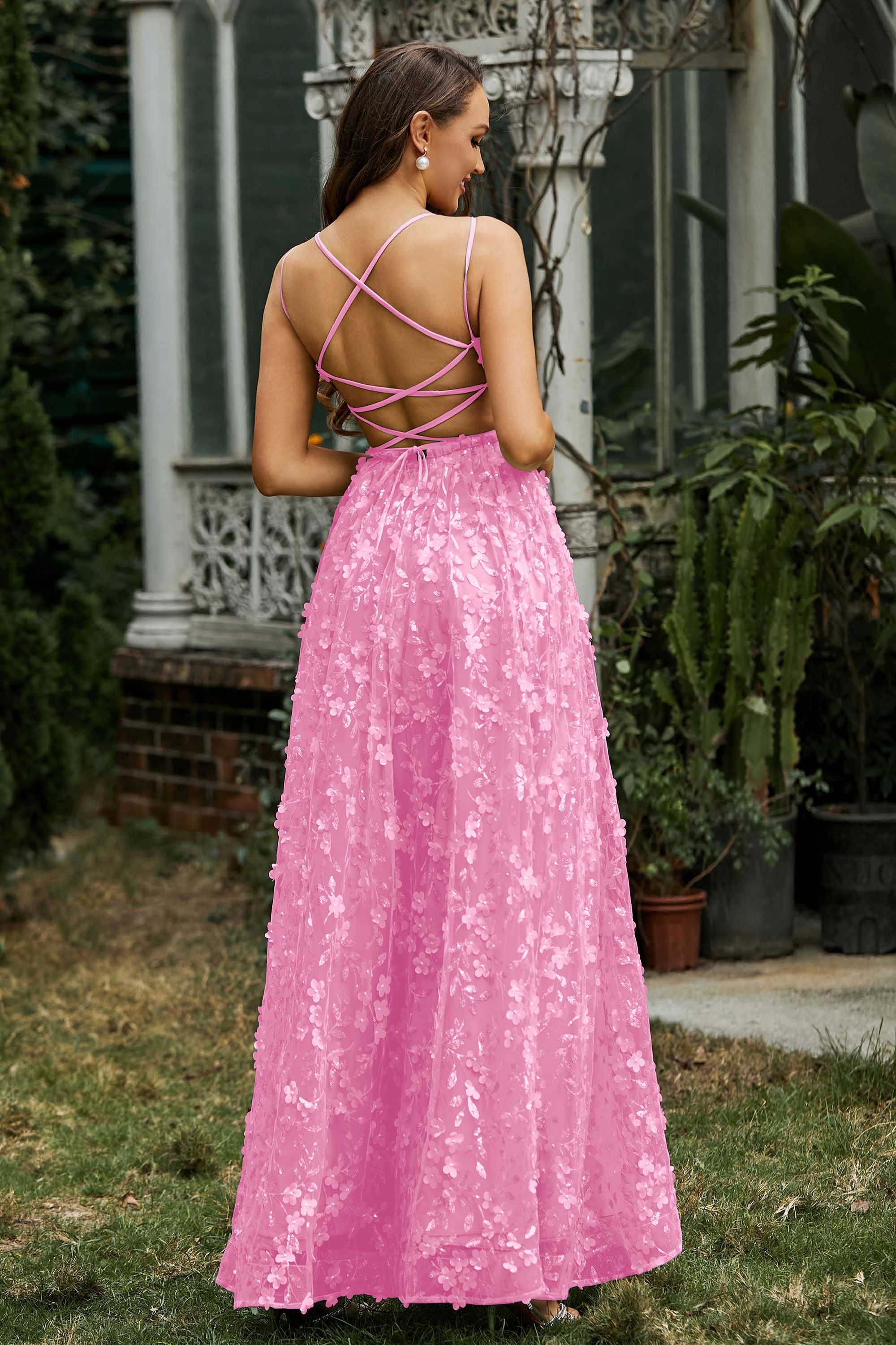 Lace Up Flowers A-Line Maxi Formal Evening Dress With Slit Prom Party Dresses