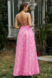 Lace Up Flowers A-Line Maxi Formal Evening Dress With Slit Prom Party Dresses