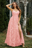 Lace Up Flowers A-Line Maxi Formal Evening Dress With Slit Prom Party Dresses