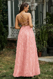 Lace Up Flowers A-Line Maxi Formal Evening Dress With Slit Prom Party Dresses