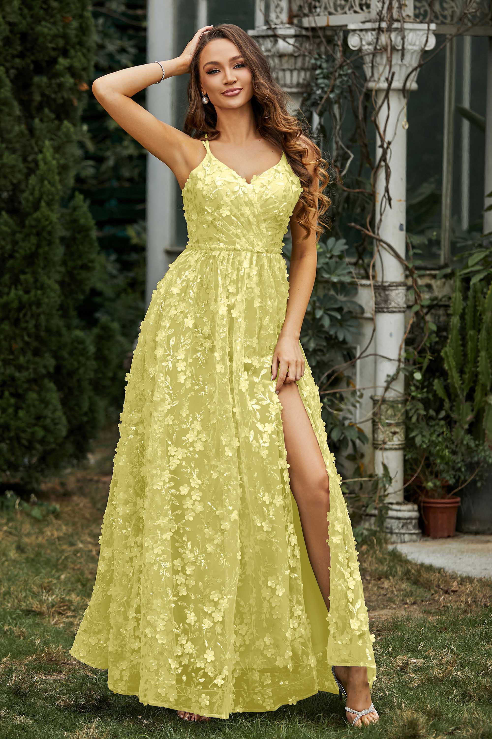 Lace Up Flowers A-Line Maxi Formal Evening Dress With Slit Prom Party Dresses
