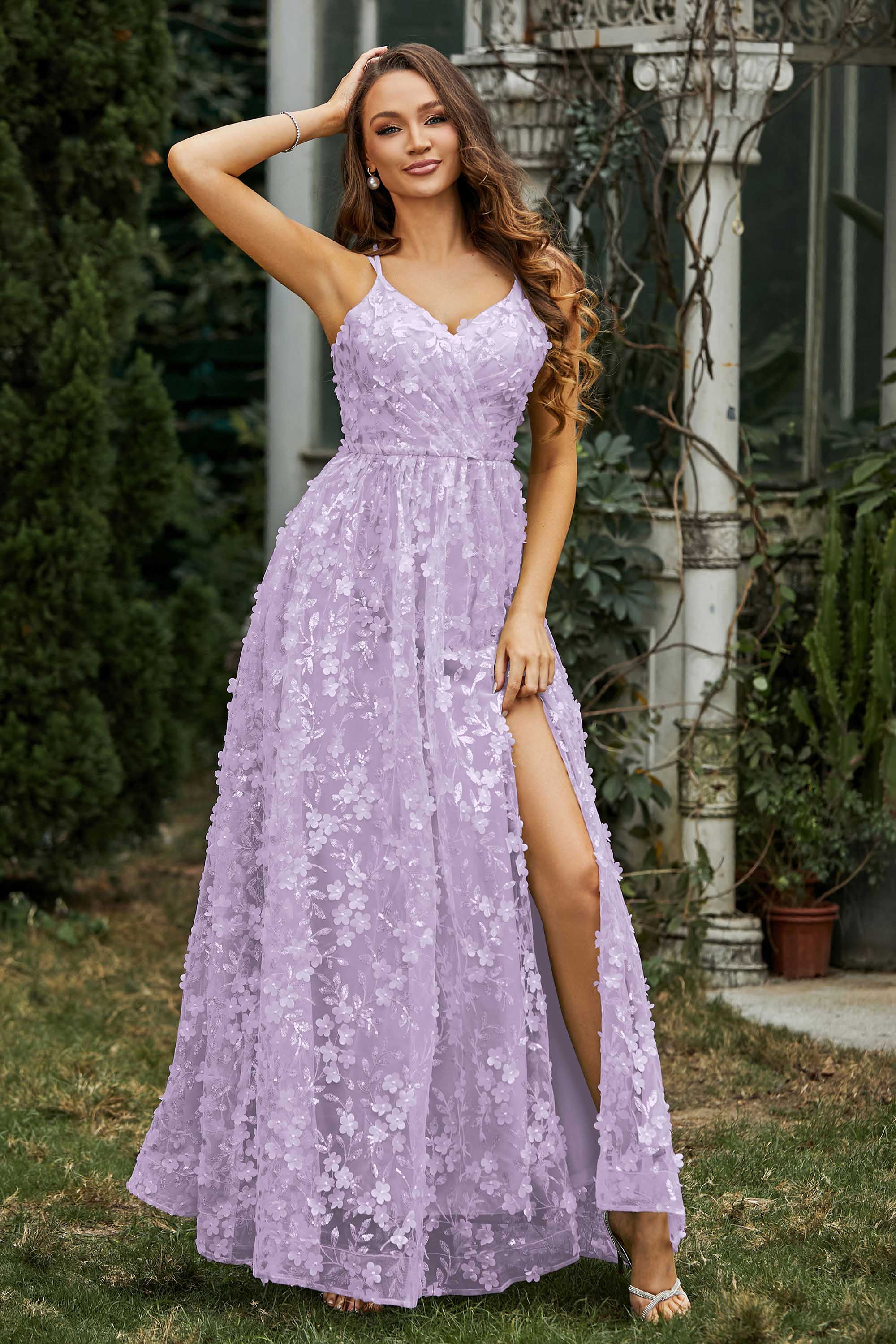 Lace Up Flowers A-Line Maxi Formal Evening Dress With Slit Prom Party Dresses
