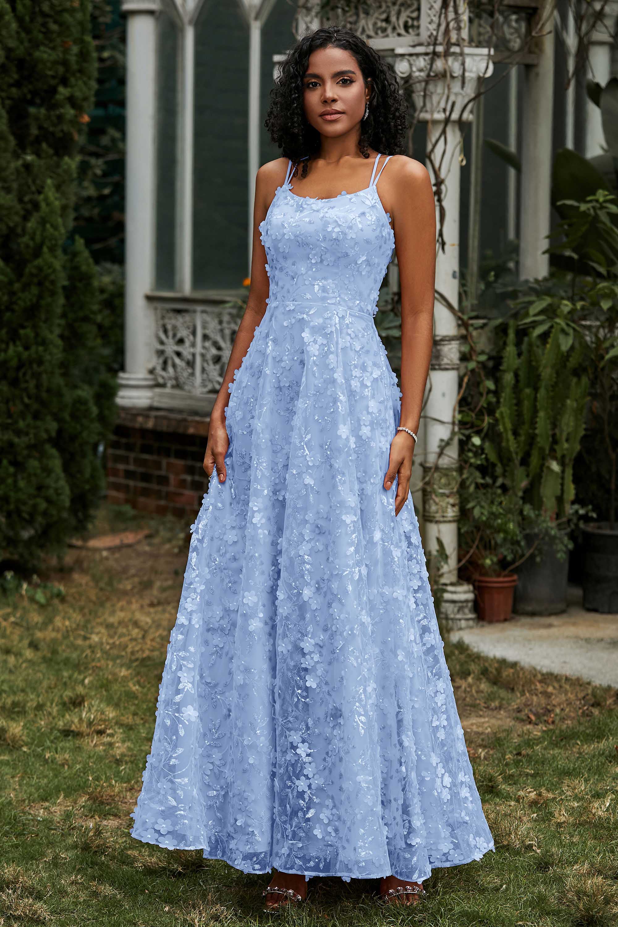 Spaghetti Straps Flower Applique Lace Floor-Length Prom Party Dress Formal Evening Ball Gowns