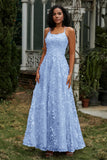 Spaghetti Straps Flower Applique Lace Floor-Length Prom Party Dress Formal Evening Ball Gowns