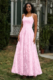 Spaghetti Straps Flower Applique Lace Floor-Length Prom Party Dress Formal Evening Ball Gowns
