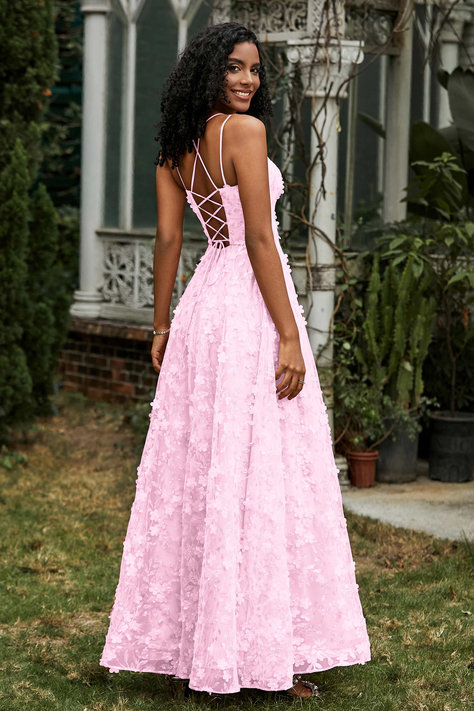 Spaghetti Straps Flower Applique Lace Floor-Length Prom Party Dress Formal Evening Ball Gowns