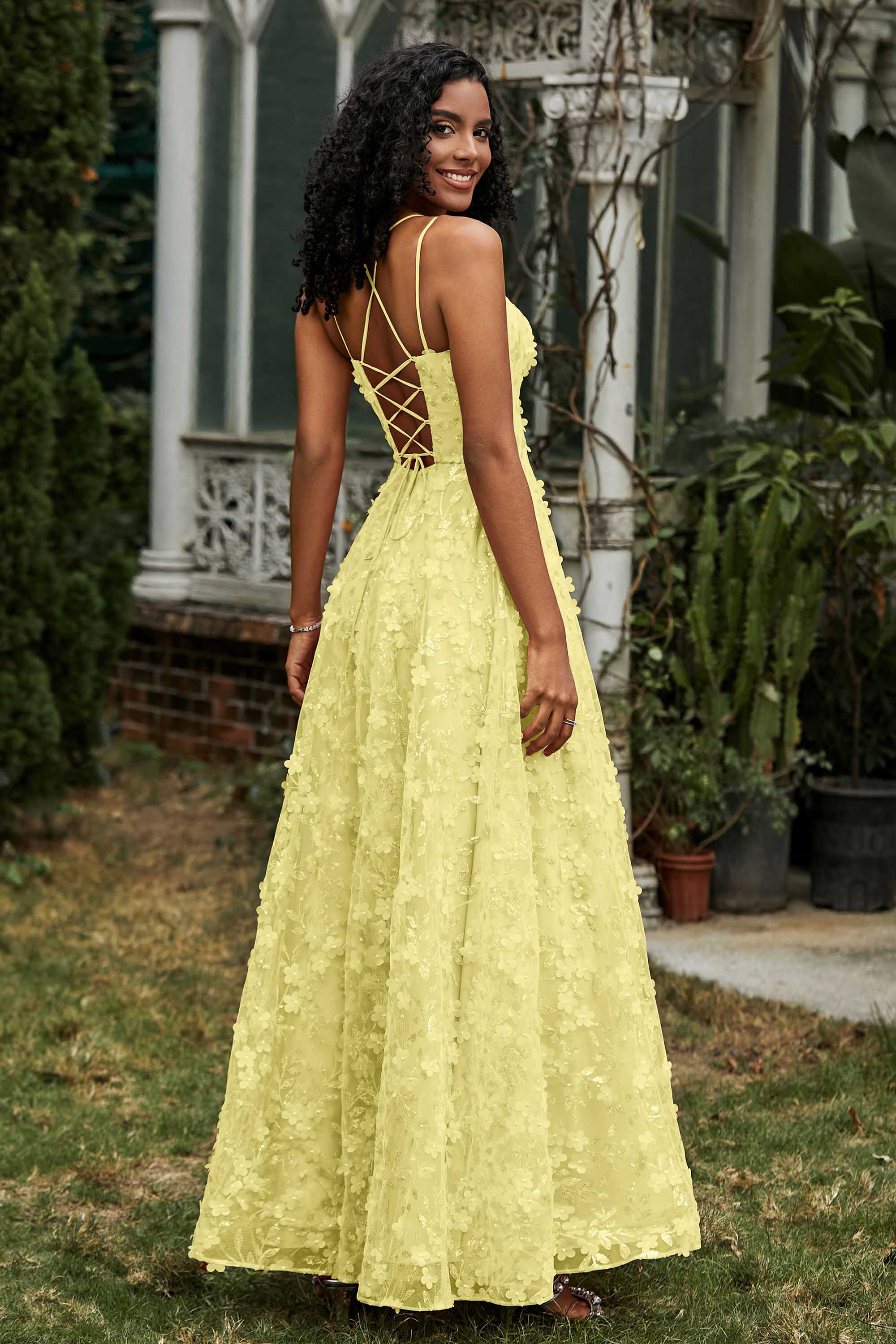 Spaghetti Straps Flower Applique Lace Floor-Length Prom Party Dress Formal Evening Ball Gowns