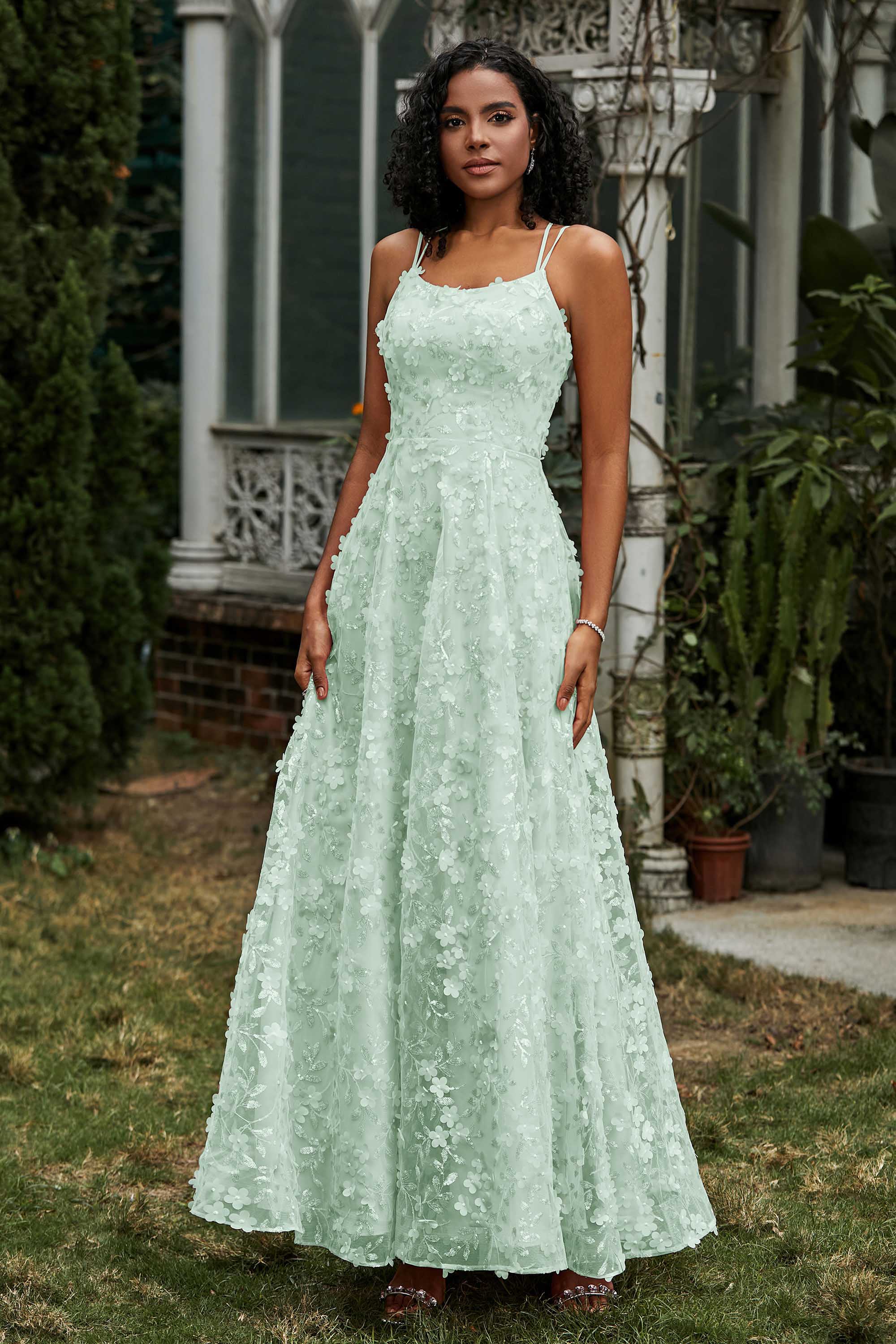 Spaghetti Straps Flower Applique Lace Floor-Length Prom Party Dress Formal Evening Ball Gowns
