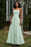 Spaghetti Straps Flower Applique Lace Floor-Length Prom Party Dress Formal Evening Ball Gowns