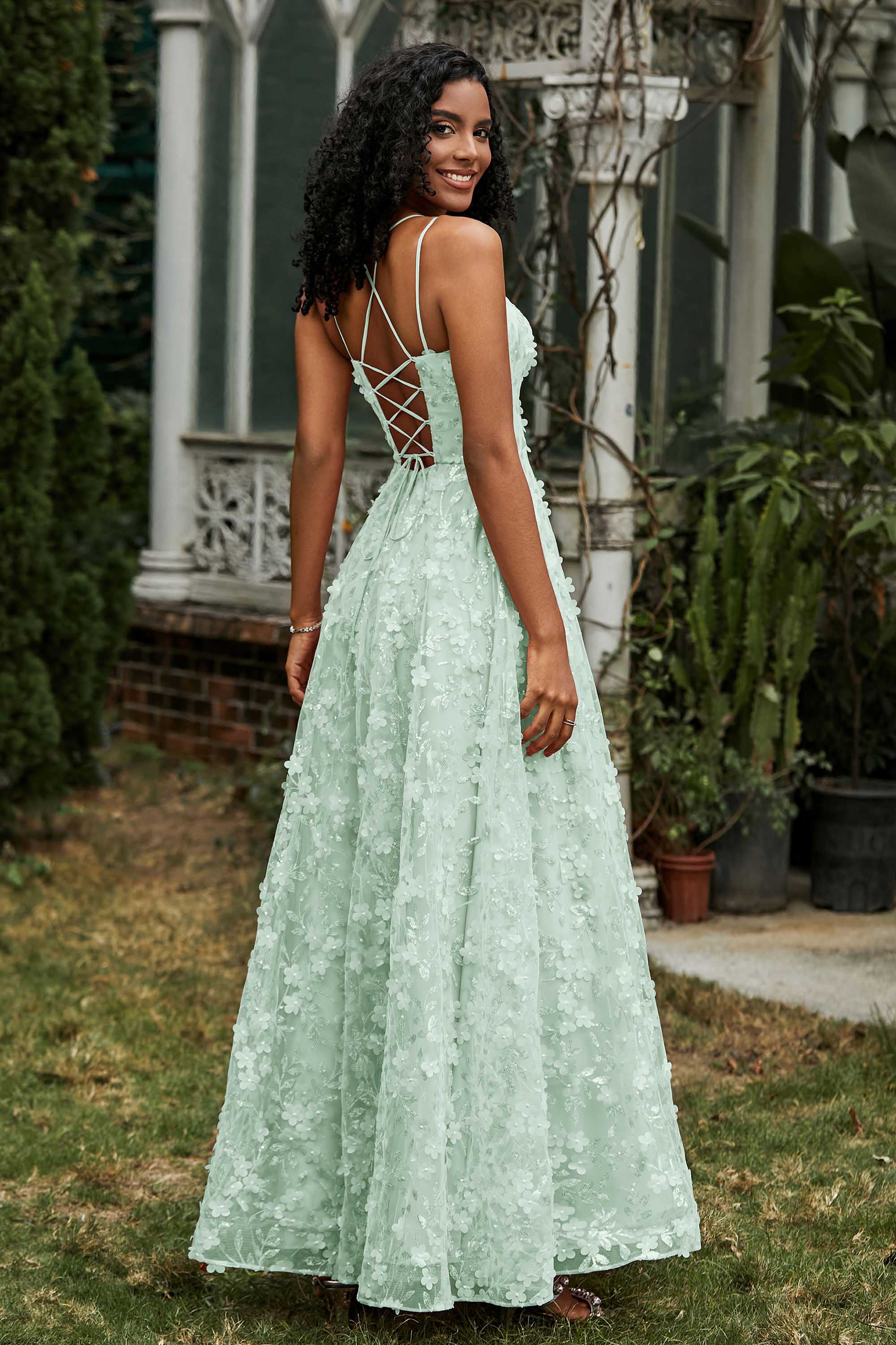 Spaghetti Straps Flower Applique Lace Floor-Length Prom Party Dress Formal Evening Ball Gowns