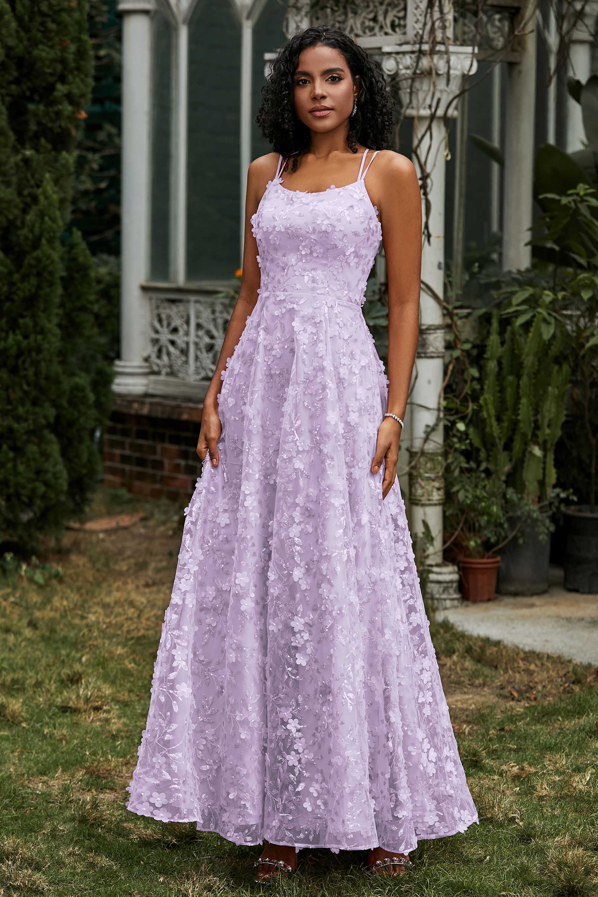 Spaghetti Straps Flower Applique Lace Floor-Length Prom Party Dress Formal Evening Ball Gowns